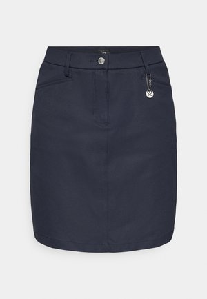 Marineblå bomullsblandingsskjørt med smal passform, frontlommer, sølvfarget knappelukking og en dekorativ charm på livet.