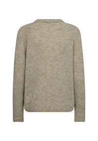 Beige gestrickter Pullover mit weicher Textur, Rundhalsausschnitt und langen Ärmeln, gerade geschnitten und mit minimalistischem Design.