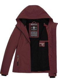 Maroon hooded jacket with a zippered front, black lining, red accent stitching, and side pockets. Features brand label inside.