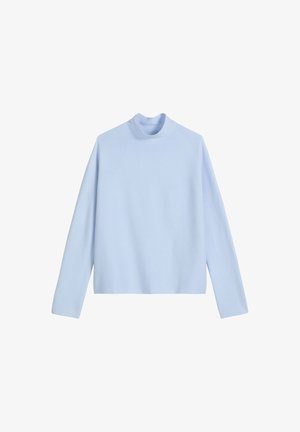 Helles blauer Rollkragenpullover, lange Ärmel, weicher Stoff, gerippter Kragen, verkürztes Design, minimalistischem Stil ohne Muster oder Verzierungen.