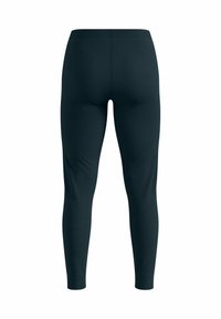 Black, form-fitting leggings made from a smooth, stretchy fabric with a wide waistband and tapered leg openings.