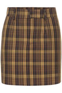 Gonna mini a quadri giallo e blu navy. Caratterizzata da vita alta, parte frontale piatta e tasche laterali, realizzata in tessuto testurizzato con forma strutturata.