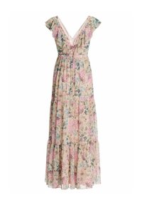 Robe longue imprimée florale avec jupe à volants, décolleté en V et manches courtes à volants dans des couleurs pastel douces.