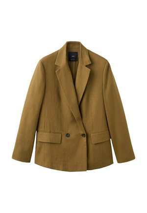 Brązowa dwurzędowa marynarka z klapami z wycięciem, dwoma przednimi kieszeniami z patkami i długimi rękawami, prezentowana na białym tle.