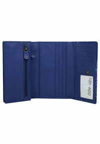 Blauwe leren portemonnee met een gestructureerd oppervlak. Voorzien van een ritsvak, meerdere kaartsleuven en een drukknoopsluiting. Van binnen gevoerd met een patroonstof.