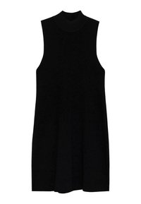 Black sleeveless dress with a high mock neck, made of knit material, featuring a loose fit and a flared silhouette.