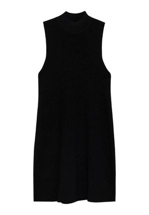 Schwarzes ärmelloses Kleid mit hohem Stehkragen, aus Strickmaterial gefertigt, mit lockerer Passform und ausgestellter Silhouette.