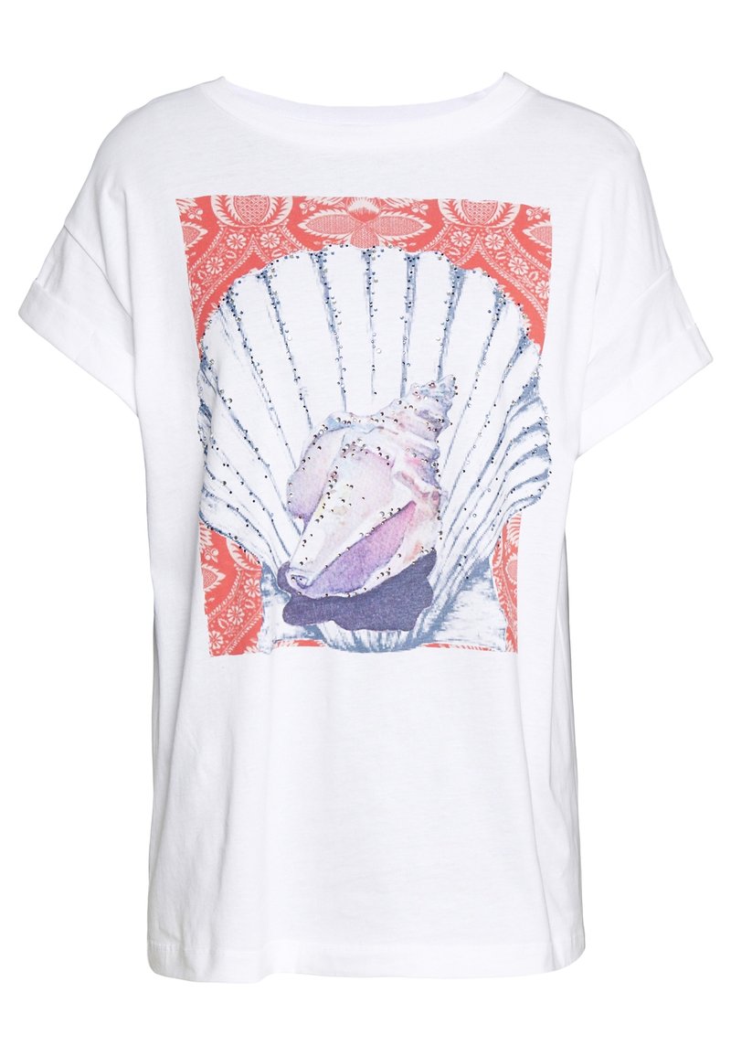 White cotton t-shirt featuring a colorful shell graphic set within a red patterned border. Short sleeves and relaxed fit design.