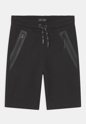 Zwarte shorts met een elastische tailleband, trekkoord en twee ritszakken, met een slank ontwerp en een gladde textuur.