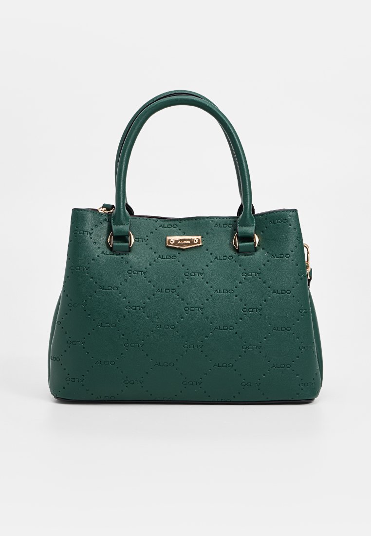 Sac fourre-tout vert en relief avec deux poignées, surface texturée et accent en métal doré portant le nom de la marque sur une plaque.