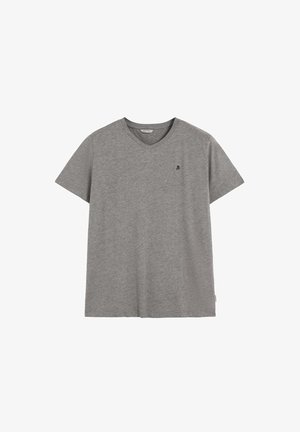 Graues Baumwoll-T-Shirt mit V-Ausschnitt, kurzen Ärmeln und kleinem dunkelblauem Logo auf der linken Brust. Weicher Stoff, lässiges Design.