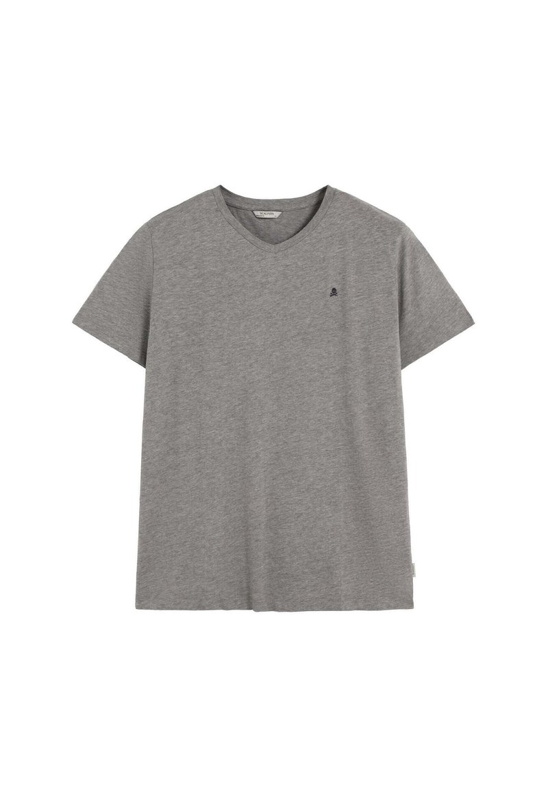 Camiseta de algodón gris con escote en V, mangas cortas y un pequeño logo en navy en el lado izquierdo del pecho. Textura suave, diseño casual.