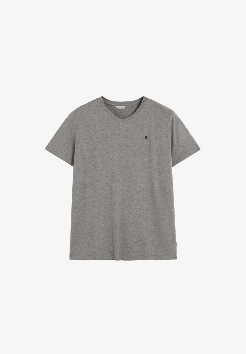 Grijze katoenen T-shirt met V-hals, korte mouwen en een klein marineblauw logo op de linkerborst. Zachte textuur, casual ontwerp.