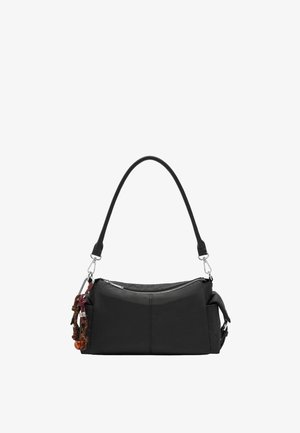 Czarna prostokątna torebka z jedną kieszenią na zamek, krótkim paskiem oraz ozdobnym breloczkiem z koralikami i supełkami po boku.