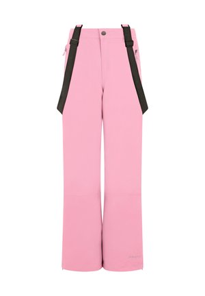 Rosa Schneehosen mit weitem Bein, verstellbaren schwarzen Trägern, seitlichen Reißverschlusstaschen und einem Reißverschluss am Saum. Glatter Stoff, funktionales Design.