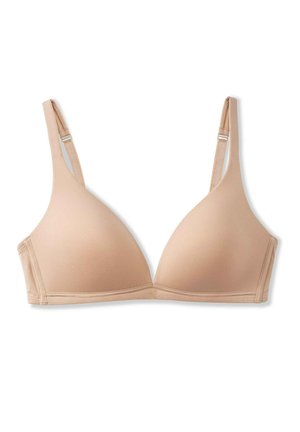 Huidkleurige, gepadde driehoekbeha met verstelbare bandjes, een gladde textuur en minimale stiksels voor een naadloze uitstraling.