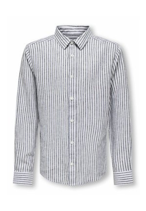 Cămașă bărbătească cu mânecă lungă, cu nasturi, cu dungi verticale gri și albe și cu guler clasic.