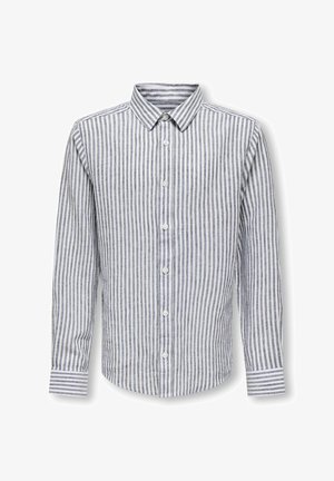 Moška srajca z dolgimi rokavi, z gumbi, z navpičnimi sivimi in belimi črtami ter klasičnim ovratnikom.
