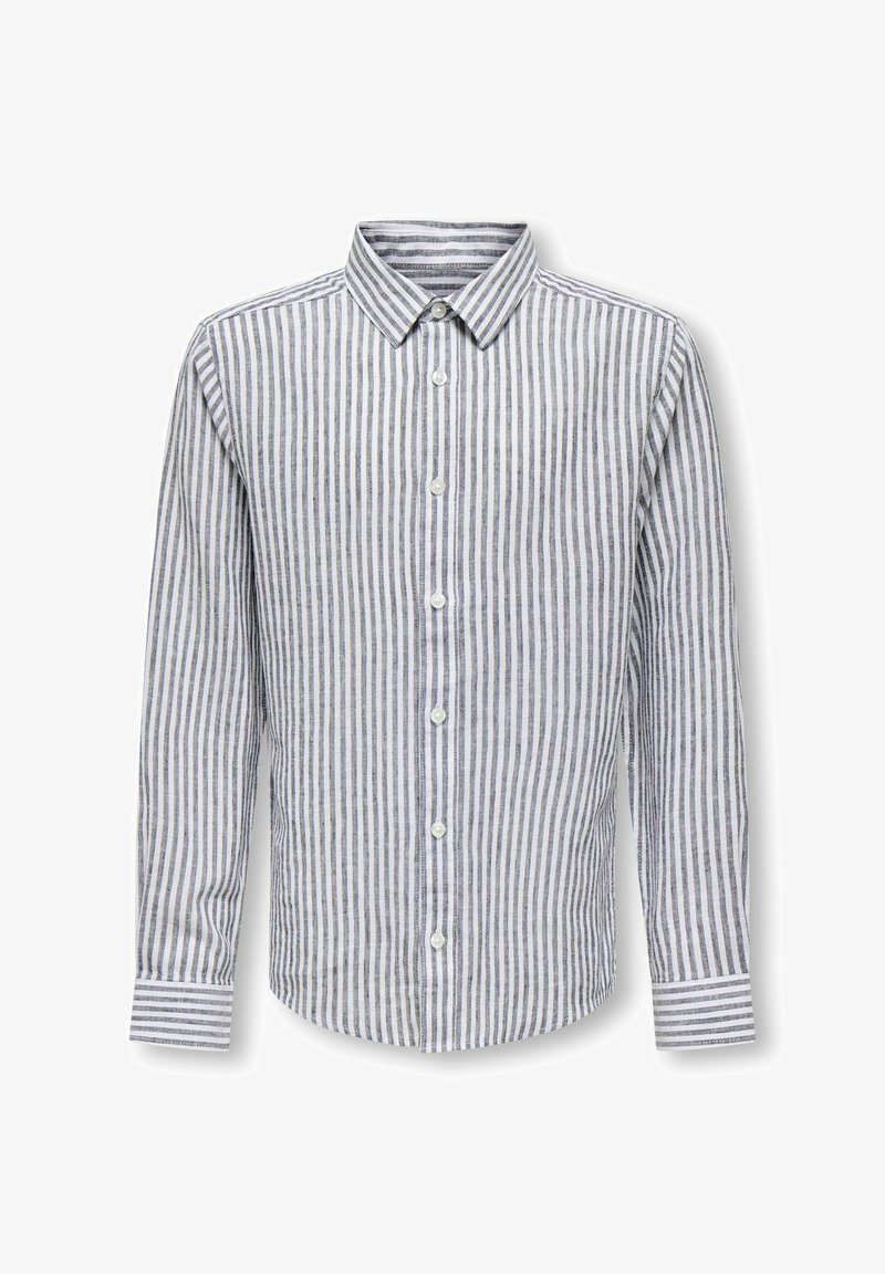 Chemise pour hommes à manches longues avec des rayures verticales grises et blanches et un col classique.