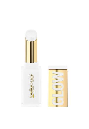 Stick per balsamo labbra bianco e oro con logo "bellanggi ITALIA" e tappo oro separato con la parola "GLOW" in lettere bianche.