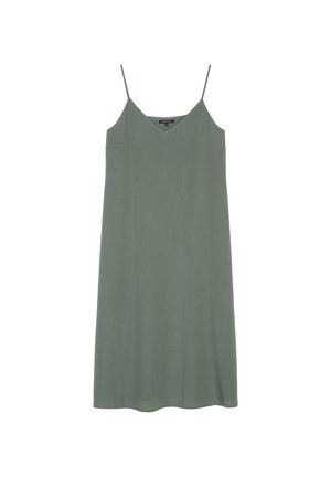 Olivově zelené midi šaty bez rukávů s tenkými ramínky a výstřihem do V, zobrazené na bílém pozadí.
