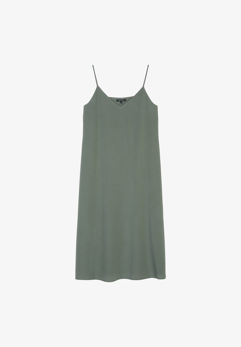 Robe midi sans manches vert olive avec fines bretelles spaghetti et décolleté en V, présentée sur un fond blanc.