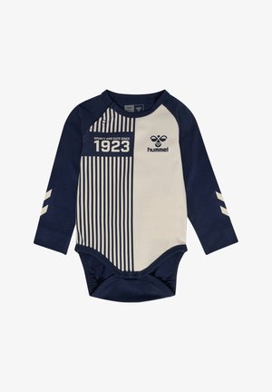 Marineblauw en roomkleurig langslippie-bodysuit met gestreept patroon, voorzien van het jaar "1923" en logo op de voorkant, en drukknoopsluitingen aan de onderkant.