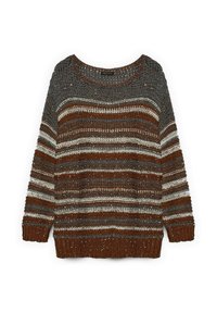 Hnědošedý pruhovaný pletený svetr s volným střihem, kulatým výstřihem a texturovaným designem. Tkanina je mírně průsvitná s metalickými akcenty.