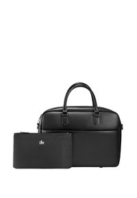 Bolsa de portátil de cuero negro con asas dobles y un acabado texturizado, acompañada de un estuche plano a juego con un logotipo sutil.
