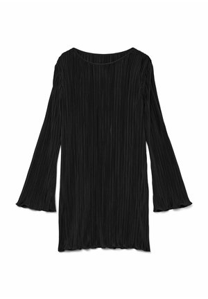 Blusa nera a maniche lunghe con pieghe, colletto rotondo e polsini leggermente svasati, posata su uno sfondo bianco.