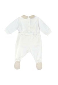 Body in cotone bianco per neonati con maniche lunghe, colletto beige e dettagli beige sui piedi. Presenta bottoni a pressione sul retro e polsini elasticizzati.