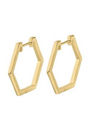 Gold-tone hexagonal hoop earrings with a polished finish, featuring a geometric design and a hinged fastening mechanism.