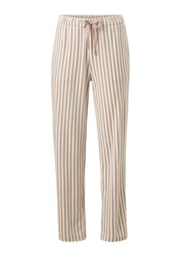 Pantalones a rayas hechos de una tela suave, con cintura elástica ajustable y un corte ajustado. Los colores incluyen beige y crema claro con rayas verticales.