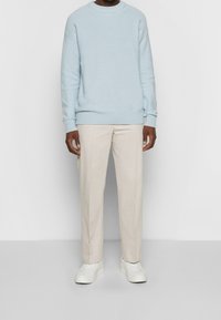 Hellblauer Strickpullover mit Rundhalsausschnitt, kombiniert mit hellbeigen Hosen und weißen Sneakers. Einfaches, tailliertes Design mit gerippten Bündchen.