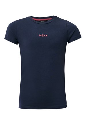 T-shirt bleu marine à manches courtes avec col rond et logo rose "MEXX" centré sur la poitrine.