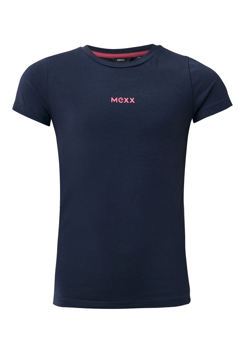 T-shirt bleu marine à manches courtes avec col rond et logo rose "MEXX" centré sur la poitrine.