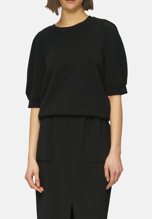 Zwart katoenmix top met korte, opgeblazen mouwen en een ronde hals. Kenmerkt zich door een relaxte pasvorm en subtiele stikseldetails.