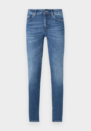 Blå denim skinny jeans med middels høy midje, som har knapp og glidelås lukking, fem lommer og lett falming.
