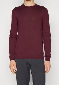Homme portant un pull à col rond ajusté à manches longues de couleur bordeaux et un pantalon gris, debout devant un fond clair uni.