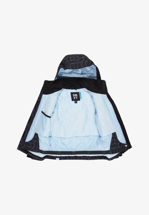 Čierna a svetlomodrá bunda so geometrickým vzorom, s predným zipsom, kapucňou, vnútornými vreckami a mäkkou, prešívanou textúrou.