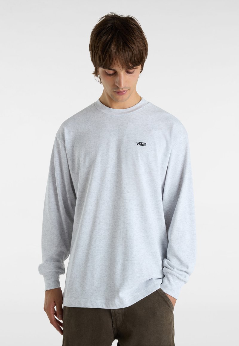 Gray long-sleeve t-shirt made from cotton, featuring a round neck and a small black Vans logo on the left chest area.