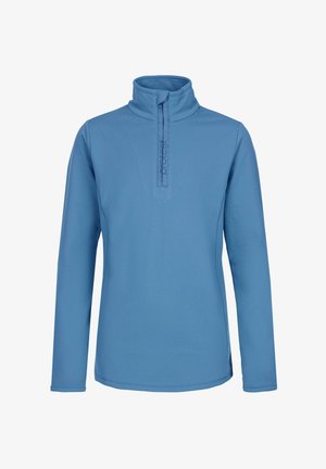 Lichtblauwe lange mouwen trui met een halve ritssluiting en een hoge kraag. Heeft een gladde textuur en een minimalistisch ontwerp met gebrandmerkte stiksels.