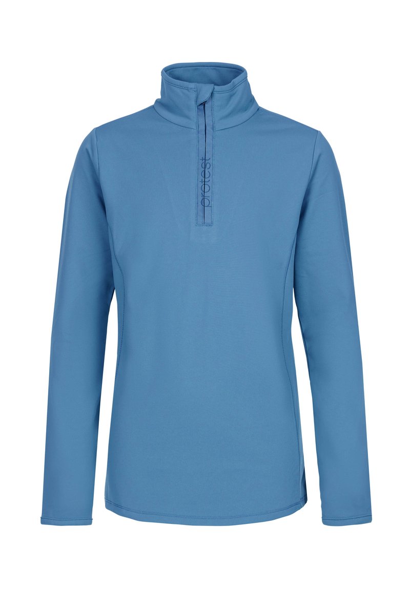 Pullover leggero azzurro con maniche lunghe, collo alto e zip a metà. Caratterizzato da una texture liscia e un design minimalista con cuciture brandizzate.