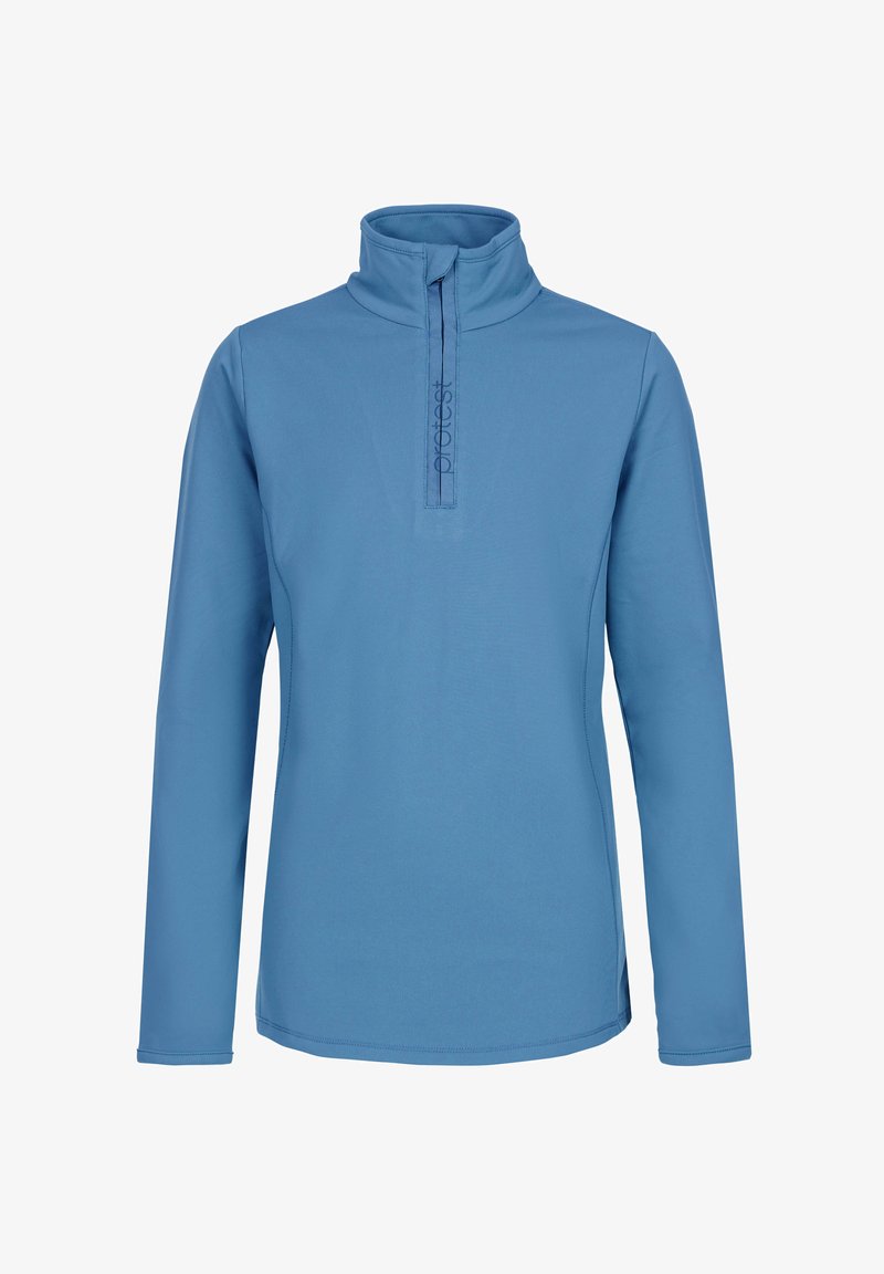 Jasnoniebieski długi rękaw sweter z półzamkiem i wysokim kołnierzem. Posiada gładką teksturę oraz minimalistyczny design z markowym haftem.