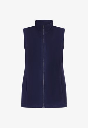 Tengerészkék polár mellény magas gallérral, teljes előlapi cipzárral és oldalsó zsebekkel. Simaság jellemzi, ujjatlan kialakítással és minimalista stílusban.