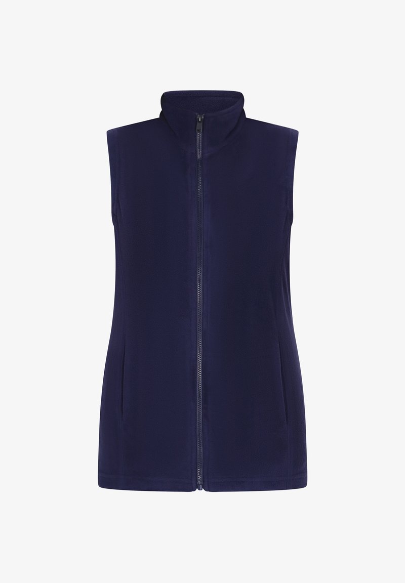 Marineblaue Fleeceweste mit hohem Kragen, durchgehendem Reißverschluss und Seitentaschen. Glatte Textur, ärmelloses Design und minimalistischer Stil.