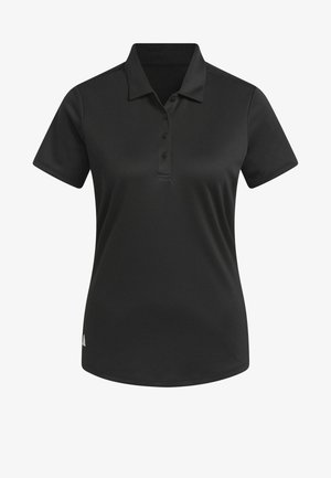 Polo preto feito de um tecido suave, com um colarinho clássico, mangas curtas e um fecho de três botões. Inclui um pequeno detalhe de logótipo.