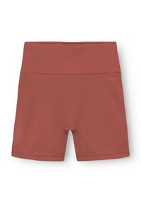 Pantalones cortos deportivos color burdeos hechos de una tela elástica, con una cinturilla alta, un diseño ajustado y un acabado sin costuras. Sin patrones ni adornos.