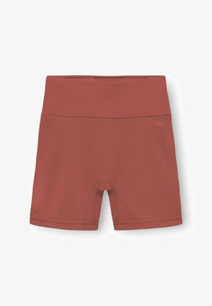 Shorts sportivi color bordeaux realizzati in tessuto elastico, con una vita alta, design aderente e finitura senza cuciture. Senza motivi o decorazioni.