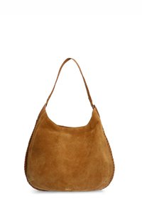Suede shoulder bag in brown with a soft texture, curved shape, and a woven leather strap. Features minimal hardware and a simple design.